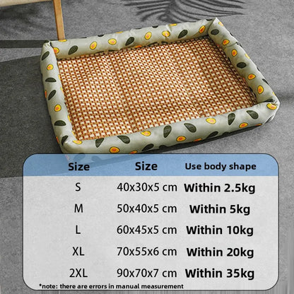 Cat bed with size chart on a gray background