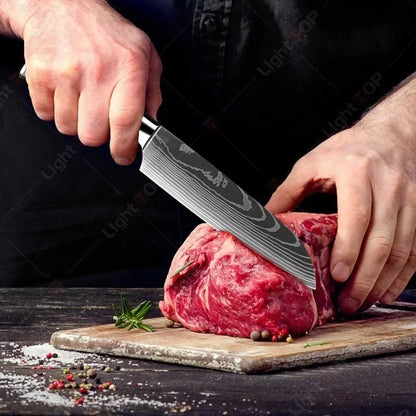 Laser Damascus Kitchen Knife Set – Cleaver, Santoku, Bread, Boning & Kitchen Scissors