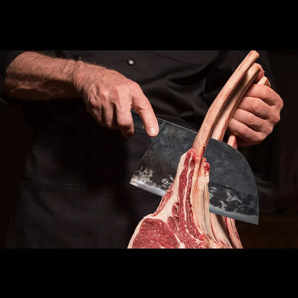Hand-Forged Professional Butcher Knife Full Tang High-Carbon Steel Sharp Chinese Chef Knife Pork Beef Lamb Poultry Cutting Knife