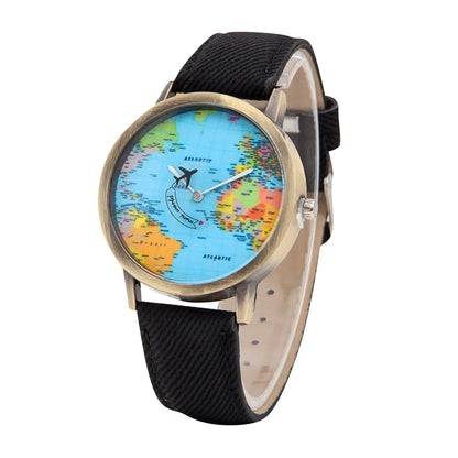 Fashion Global World Map Plane Denim Fabric Band Watch Casual Men Women Wristwatches Quartz Watch Gift Horloges Relógio - BeeTrendyShop.COM
