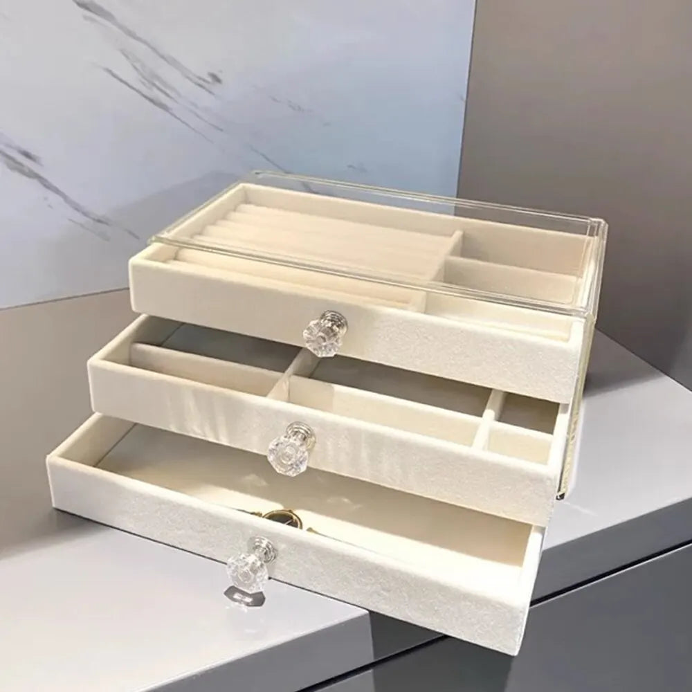 3-Layer Flannel Jewelry Box with Drawers – Earrings, Necklaces & Rings Organizer