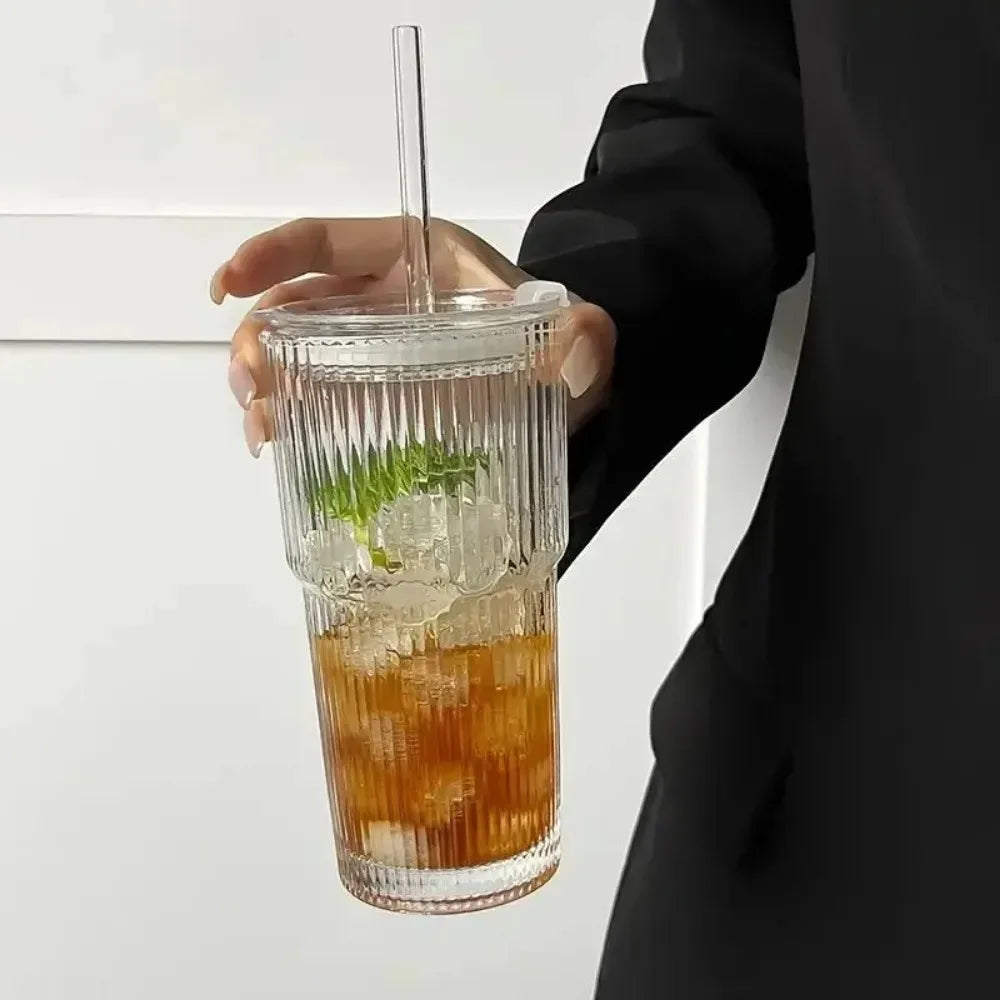 600ML Stripe Glass Cup with Lid & Straw – Transparent Juice Iced Coffee Mug