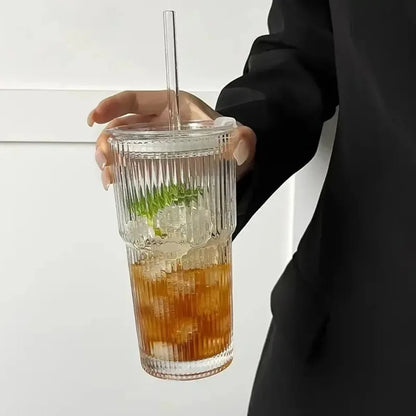 600ML Stripe Glass Cup with Lid & Straw – Transparent Juice Iced Coffee Mug