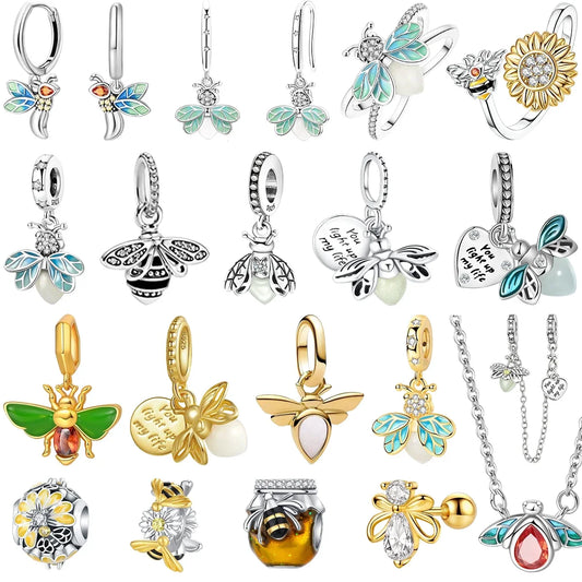 Authentic 925 Sterling Silver Luminous Firefly Charms Bee Light Bulb Beads Ring Earrings Fit Original Bracelets DIY Jewelry Gift