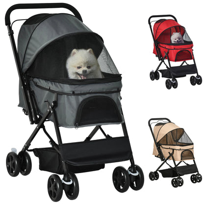Pet stroller with a dog inside, shown in gray, red, and beige colors.