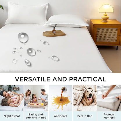 Waterproof Fitted Bed Sheet & Mattress Protector – Elastic Band Coverlet for Single, Double, King & Queen