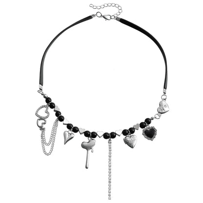 Y2K Heart Pendant Multilayer Choker Necklace – Glass & Zinc Alloy Women’s Jewelry
