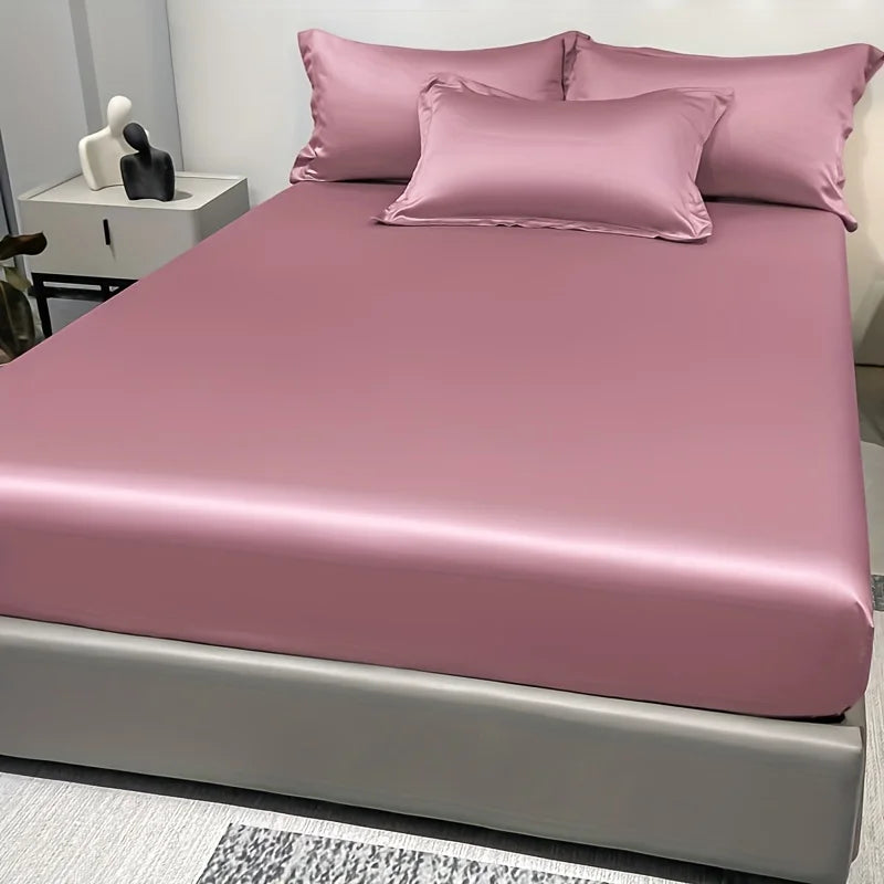 Modern Satin Ice Silk Solid Color Fitted Sheet – Smooth Bedroom Bedspread (Excluding Pillowcases)