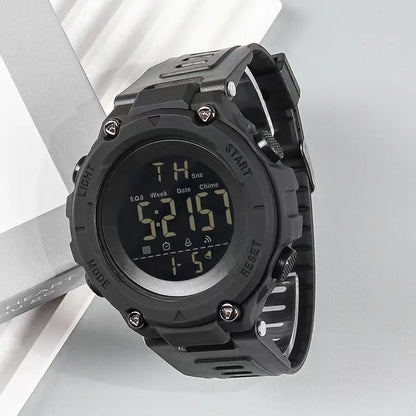 Black digital wristwatch on a white background