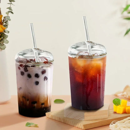450ML Can Shaped Glass Cup with Dome Lid & Glass Straw – Beer Iced Coffee Tumbler