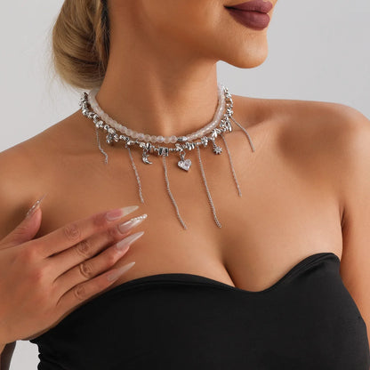 Y2K Heart Pendant Multilayer Choker Necklace – Glass & Zinc Alloy Women’s Jewelry