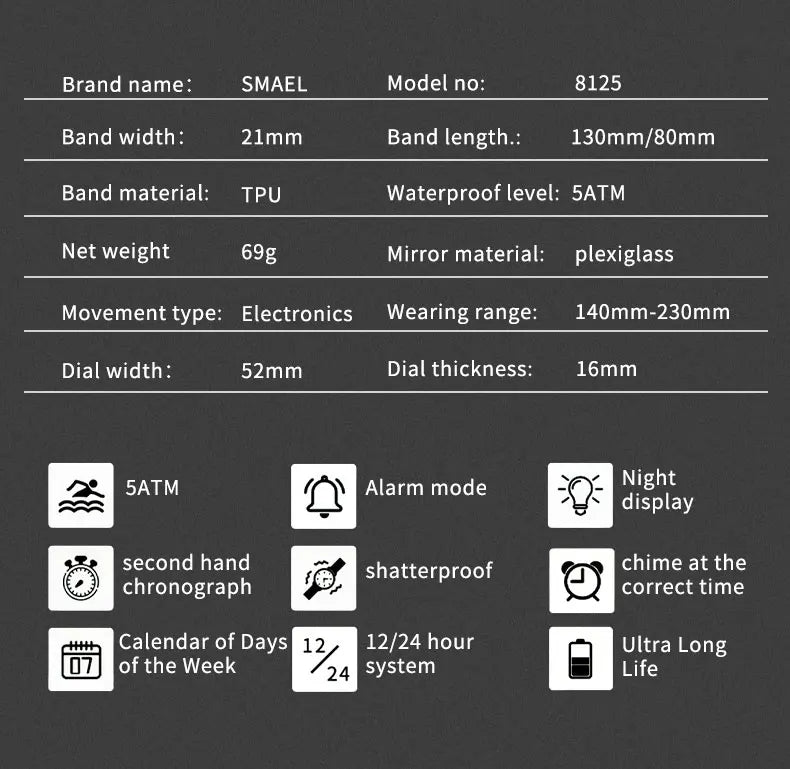 Digital Watches for Men  50m Waterproof  Sports Watches LED Big Dail Display Digital Stopwatch 8125 LED Watch Men's Wristwatches