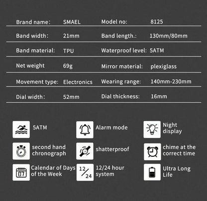 Men's Digital Sport Watch – 50M Waterproof, LED, Stopwatch, Military Tactical Wristwatch