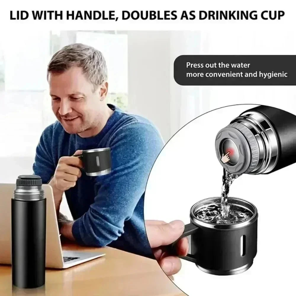 Person using a black thermos with a lid and handle, shown with text about its hygienic properties.