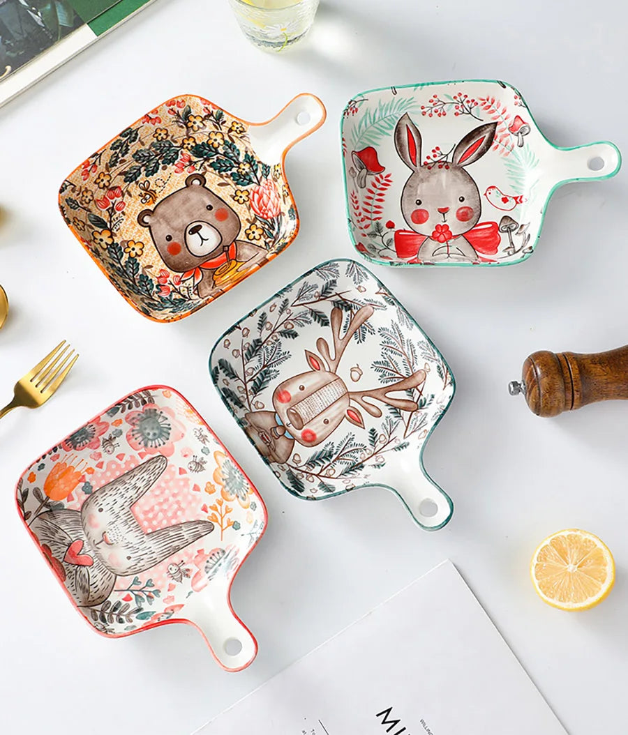 Ceramic Bakeware With Handle Forest Animals Baking Pan  Underglaze  Kitchen Tableware Salad Bowl Au Gratin Dishes