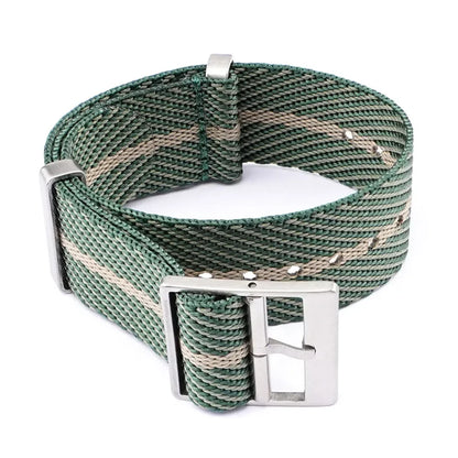Green and beige woven belt with a silver buckle on a white background