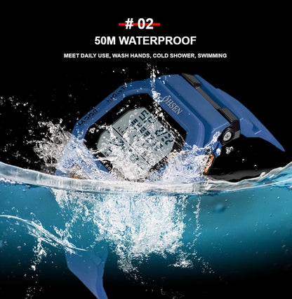 Blue digital multimeter being submerged in water with text indicating waterproof rating.
