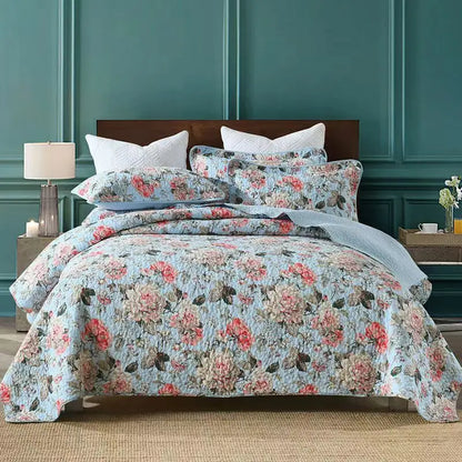 100% Cotton Quilted Bedspread – Rural Retro Bed Cover with Pillowcases for Queen & King Size