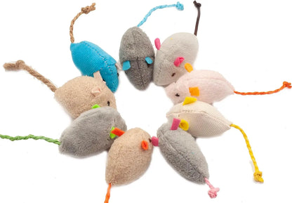 Colorful mouse-shaped cat toys on a white background