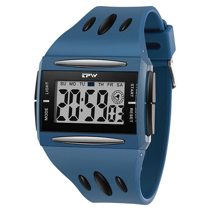 Blue digital watch with a black display on a white background