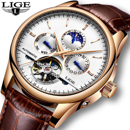 LIGE Tourbillon Automatic Mechanical Watch – 50M Waterproof, Date & Week Display