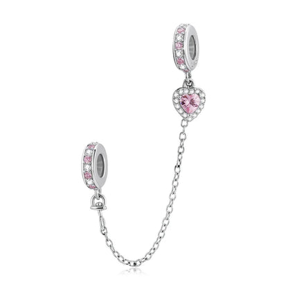 925 Sterling Silver Safety Chain Charm – Heart, Key & Flower CZ Stopper Bead