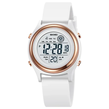 Digital watch with white strap and rose gold casing on a white background