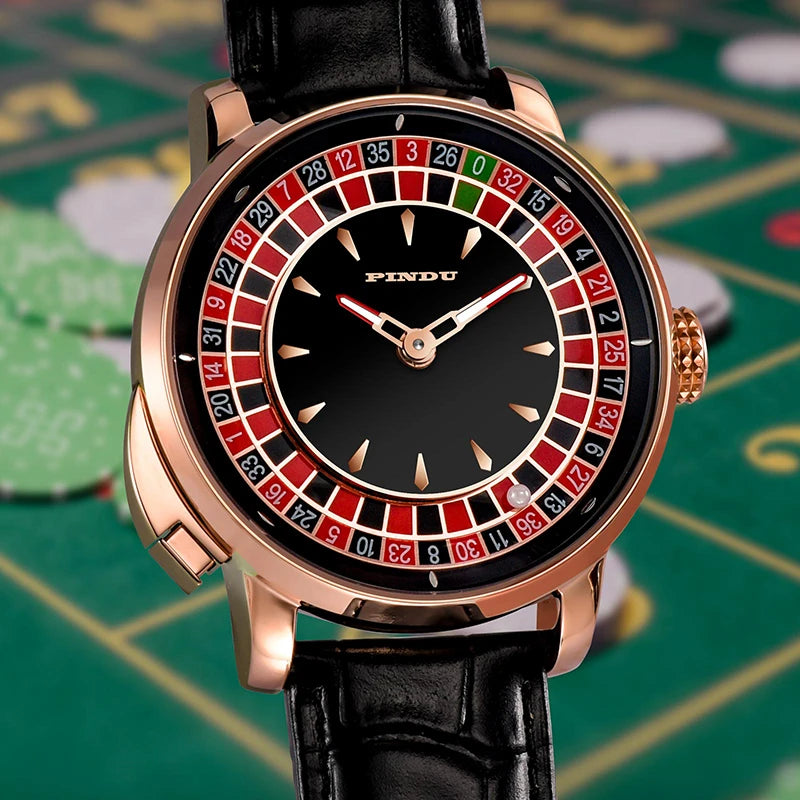 PINDU Players Gambling Series Men's Mechanical Watch European Roulette Poker Game Dial Automatic Movement Design Party Watch