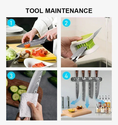 Laser Damascus Kitchen Knife Set – Cleaver, Santoku, Bread, Boning & Kitchen Scissors