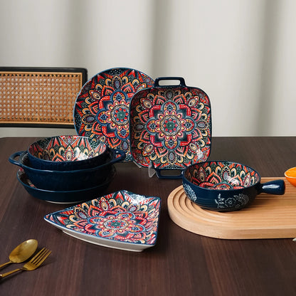 Bohemian Ceramic Tableware Set – Unique Floral Pattern Serving Plate for Home, Camping & Restaurant