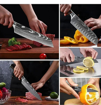 Laser Damascus Kitchen Knife Set – Cleaver, Santoku, Bread, Boning & Kitchen Scissors