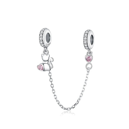 925 Sterling Silver Safety Chain Charm – Heart, Key & Flower CZ Stopper Bead