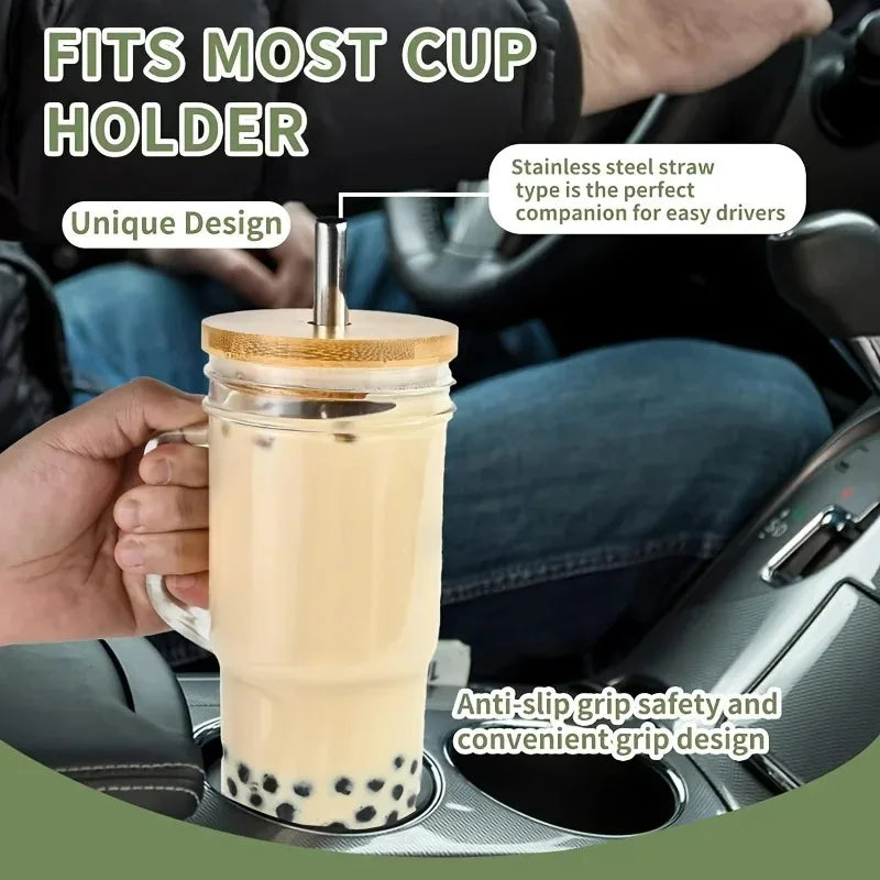 750ML Glass Cup with Wooden Lid & Straw – Bubble Tea Coffee Water Bottle