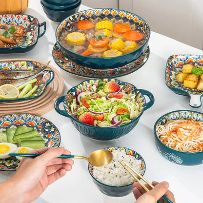 Bohemian Retro Ceramic Dinner Plate Set – Household Tableware with Salad & Soup Bowls
