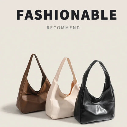 Three handbags in brown, beige, and black on a light background with 'FASHIONABLE' text.