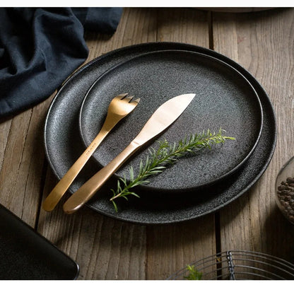 Japanese-Style Black Ceramic Plate Set – Steak & Western Food Dinnerware for Home & Kitchen