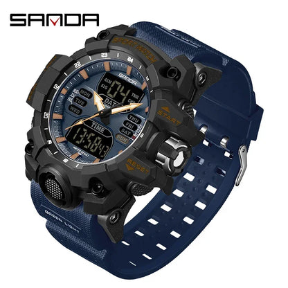 Blue and black digital wristwatch with detailed display on a white background