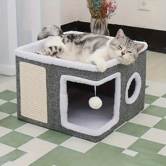 Multi-Level Cat Activity Center - Foldable Scratching Post & Warm Bed