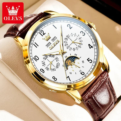Gold watch with brown leather strap on a white cushion, OLEVS brand visible