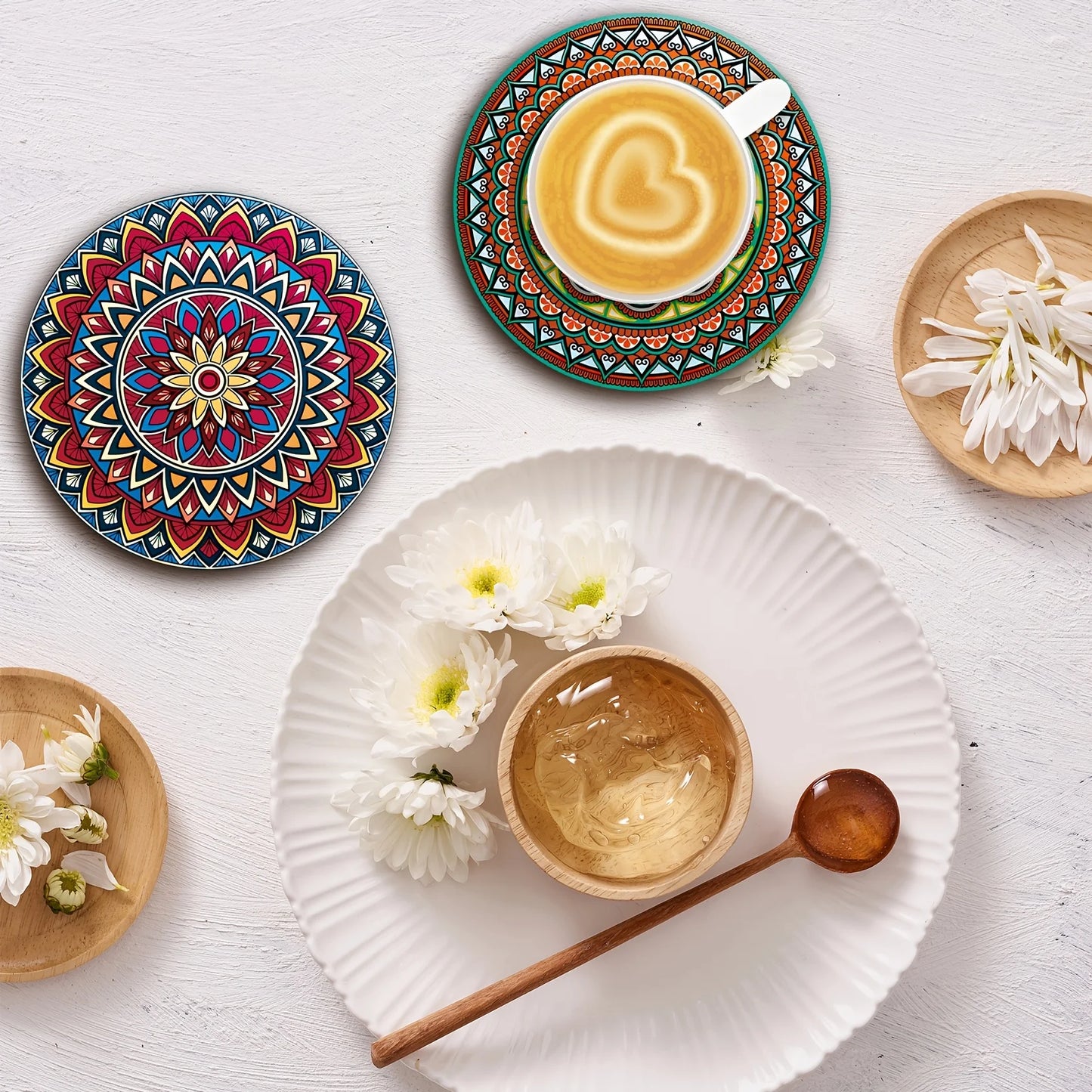 Wooden Mandala Coasters Set – 8pcs Decorative Heat-Resistant Table Coasters for Home, Office & Bar