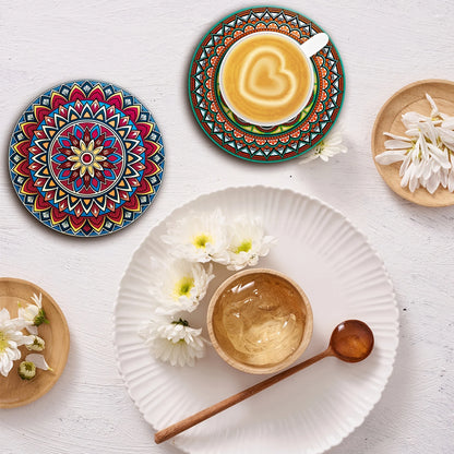 Wooden Mandala Coasters Set – 8pcs Decorative Heat-Resistant Table Coasters for Home, Office & Bar