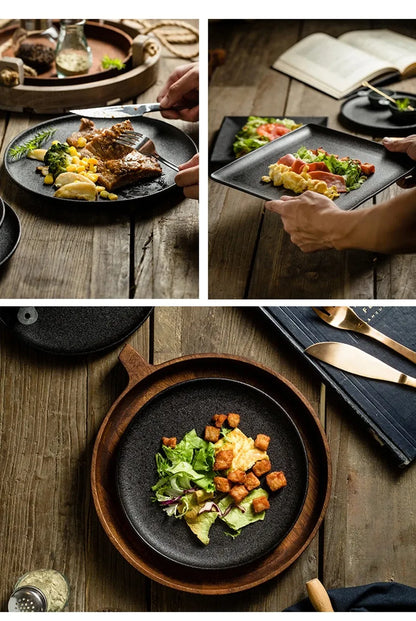 Japanese-Style Black Ceramic Plate Set – Steak & Western Food Dinnerware for Home & Kitchen