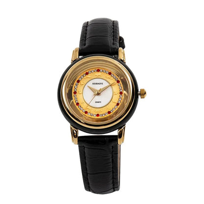 Gold watch with black leather strap on a white background