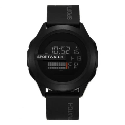Black digital sports watch on a white background