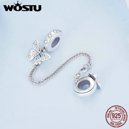 925 Sterling Silver Safety Chain Charm – Heart, Key & Flower CZ Stopper Bead
