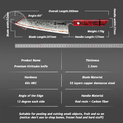 Grandsharp 55-Layer Copper Damascus Kiritsuke Knife – 8-Inch Red Resin & Carbon Fiber Handle