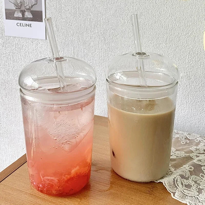 450ML Can Shaped Glass Cup with Dome Lid & Glass Straw – Beer Iced Coffee Tumbler