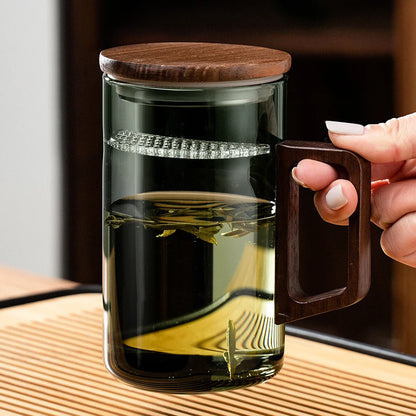 Glass Coffee Mug with Wooden Handle – Transparent Tea Cup Kitchen Coffeeware
