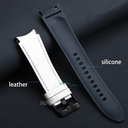 Two watch straps, one leather and one silicone, on a textured dark background.