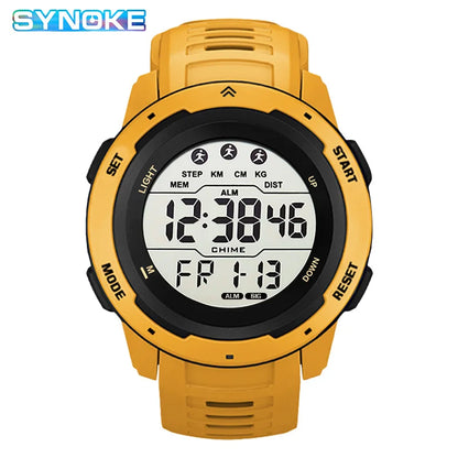 Yellow digital watch with white display on a white background, featuring the brand 'SYNOKE'.